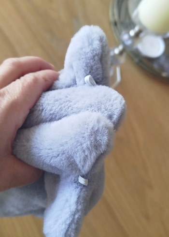 Peluş Kız Eldiveni, Kulak ve Kalp Detaylı, Gri - Görsel 7