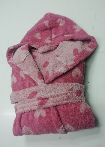 Kapüşonlu Kalp Desenli Pembe Bornoz