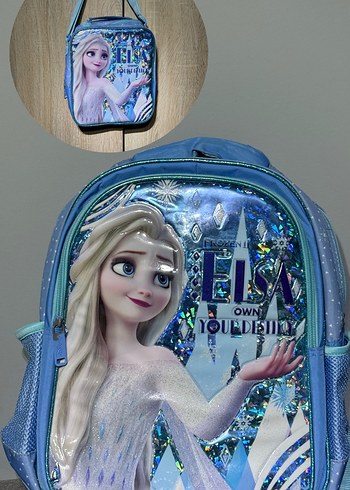 Renkli Elsa Temalı Mavi Çocuk Okul Çantası Ve Beslenme Çantası