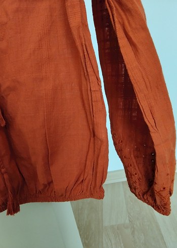 Kadın Kahverengi Bohem V Yaka Keten Bluz - Görsel 2