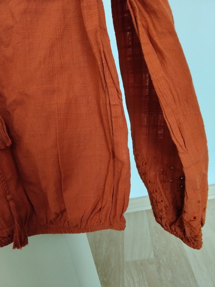 Kadın Kahverengi Bohem V Yaka Keten Bluz - Görsel 2