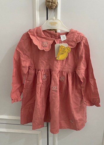 Pembe Uzun Kollu Nakışlı Kız Elbisesi
