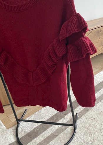 Bordo Fırfırlı  Triko Kazak - Görsel 2