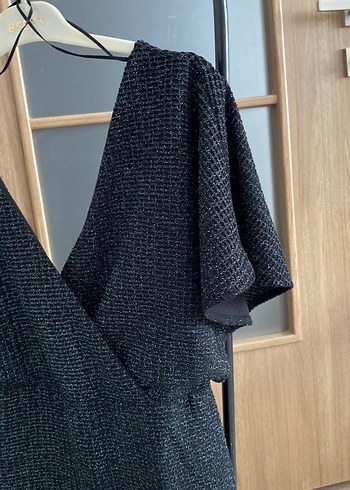 Siyah yeşil simli  V-Yaka Elbise - Görsel 2