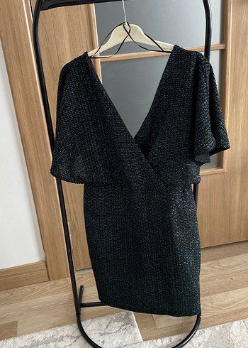 Siyah yeşil simli  V-Yaka Elbise - Görsel 3