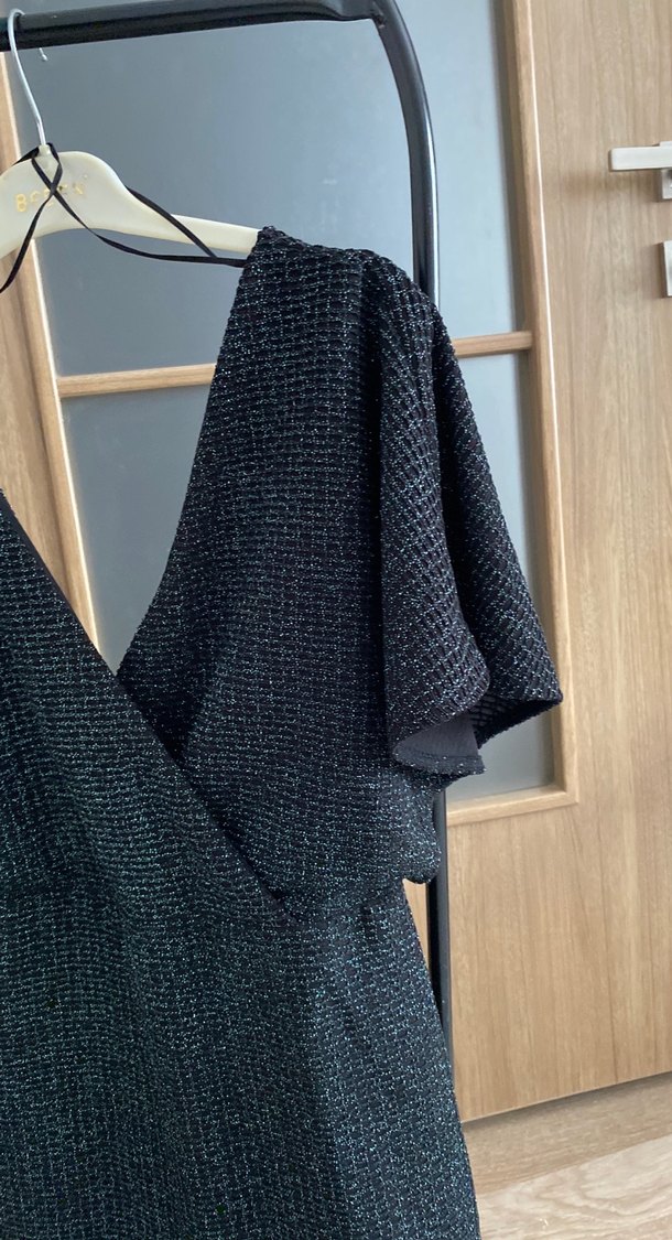 Siyah yeşil simli  V-Yaka Elbise - Görsel 2