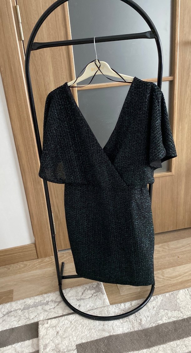 Siyah yeşil simli  V-Yaka Elbise - Görsel 3