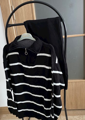 Siyah Beyaz Çizgili Yün Kadın Kazak takım - Görsel 2