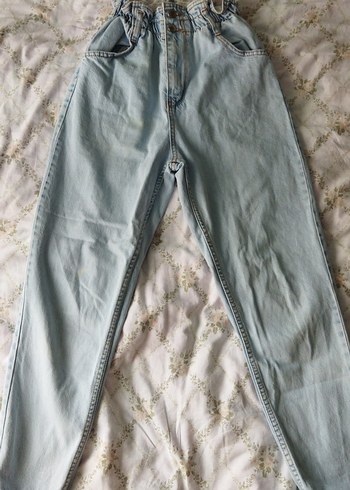 Düğmeli Mavi Loose Fit Denim Kadın Pantolon
