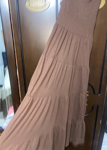 Stradivarius Bej Keten Kadın Uzun Elbise
