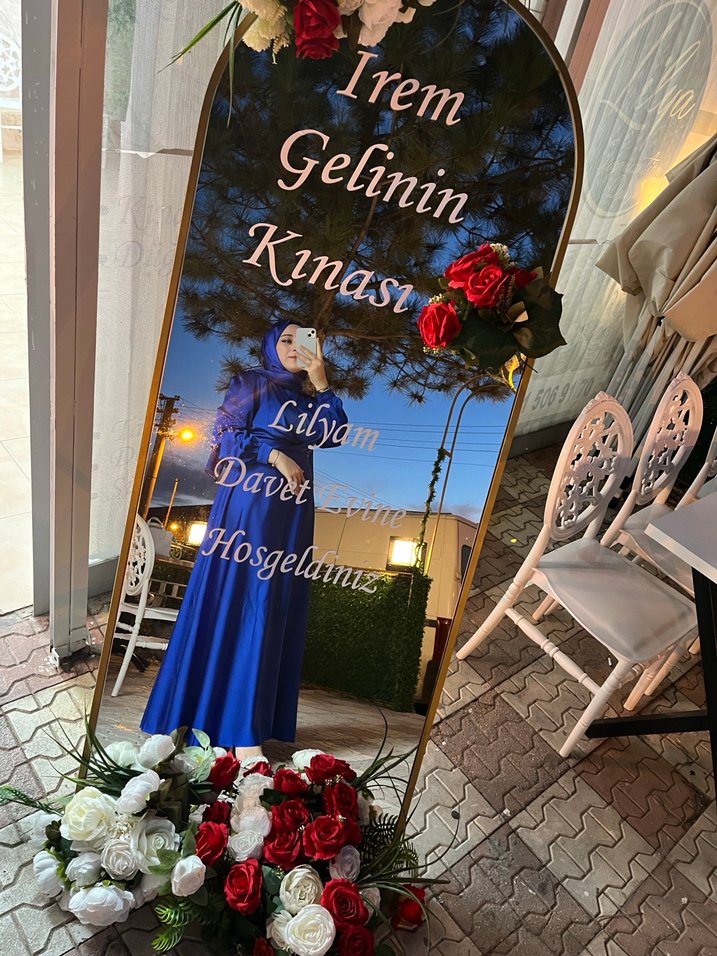 Uzun Kol Drapeli saks Mavi Saten abiye - Görsel 3