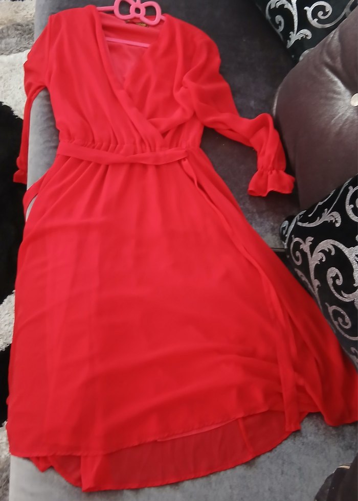 Kırmızı Uzun Kollu Drapeli Kadın Abiye Elbise - Görsel 3