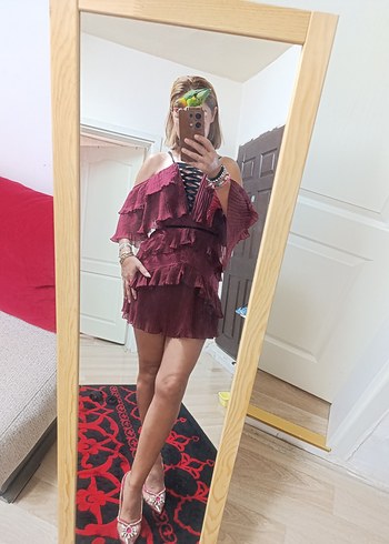 Raissa Vanessa koleksiyonu Bordo Fırfırlı Mini elbise
