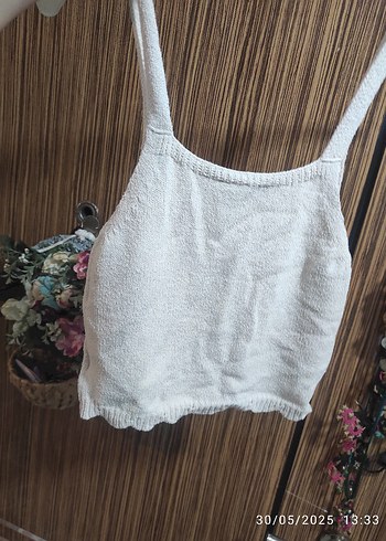 xs Beden ten rengi Renk Nakışlı Bej Triko Crop Top