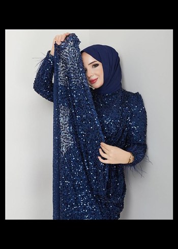 Lacivert Parlak Uzun Kollu Abiye Elbise - Görsel 2