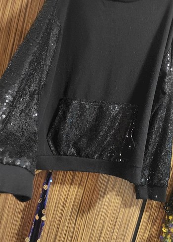 Siyah Parlak Detaylı Kapüşonlu Sweatshirt - Görsel 6