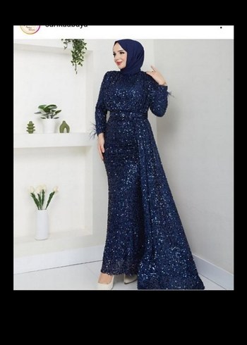 Kadın Mavi Uzun Pullu Abiye Elbise - Görsel 3