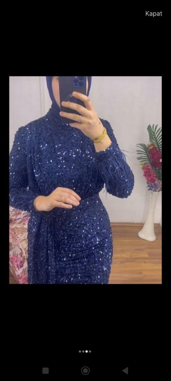 Kadın Mavi Uzun Pullu Abiye Elbise - Görsel 2