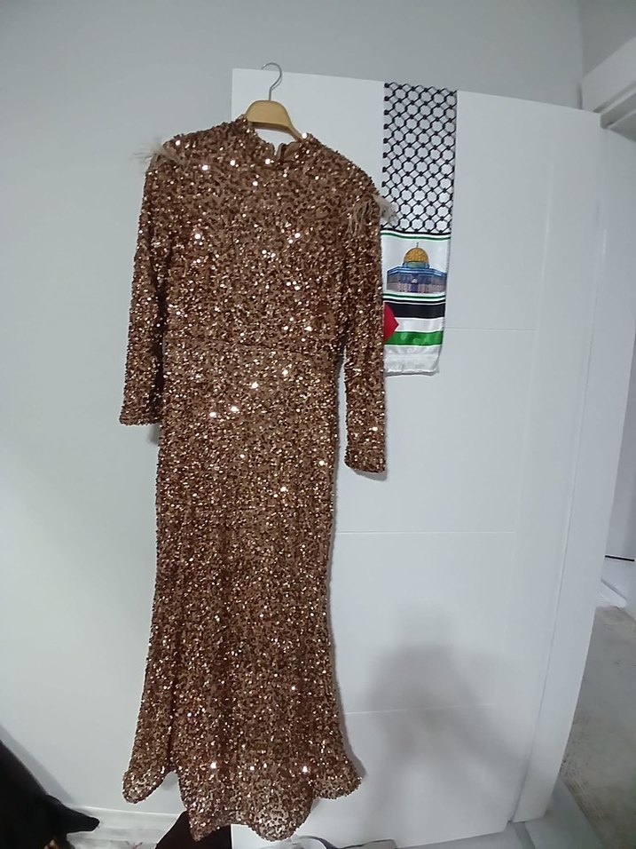 Kahverengi Payetli Uzun Bohem Kadın Abiye Elbise - Görsel 3