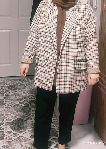 Düğmeli Ekose Desenli Kadın Blazer Ceket - Görsel 4