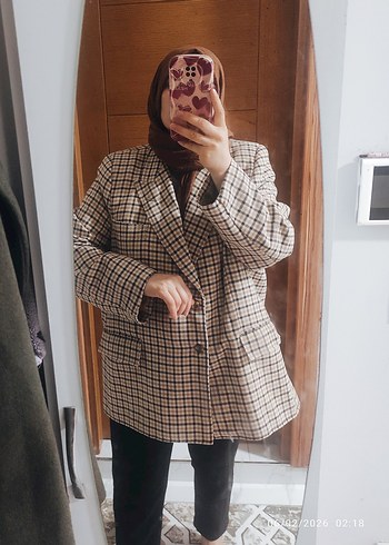 Düğmeli Ekose Desenli Kadın Blazer Ceket - Görsel 3