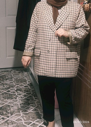 Düğmeli Ekose Desenli Kadın Blazer Ceket - Görsel 2