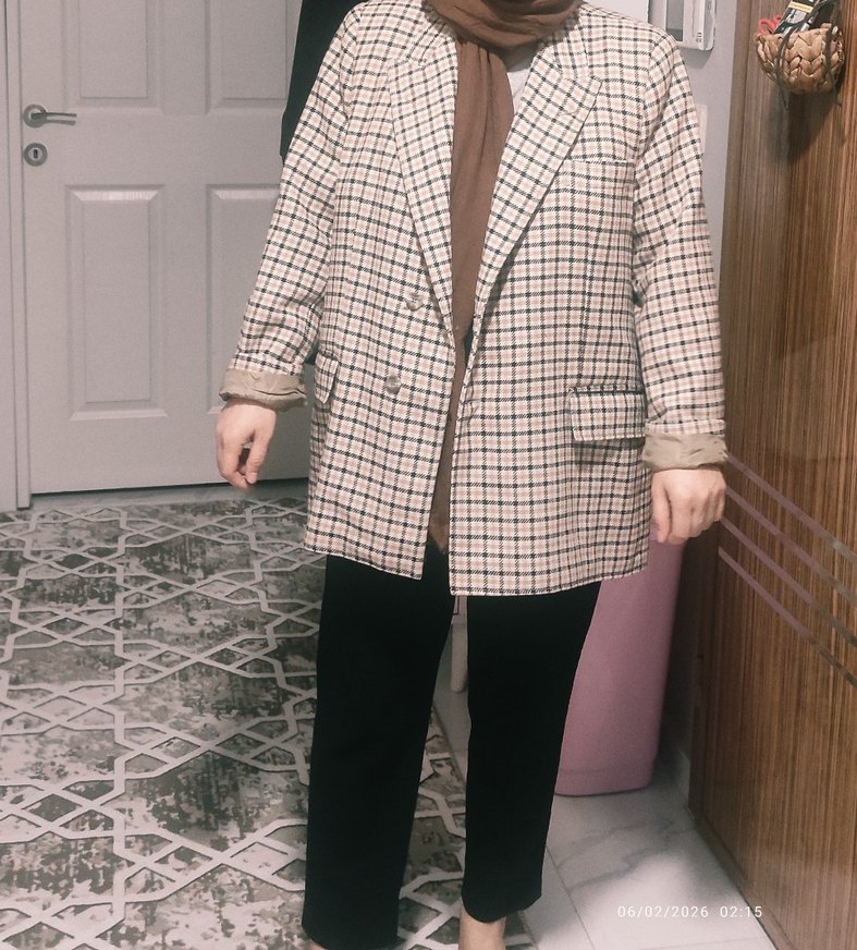Düğmeli Ekose Desenli Kadın Blazer Ceket - Görsel 4