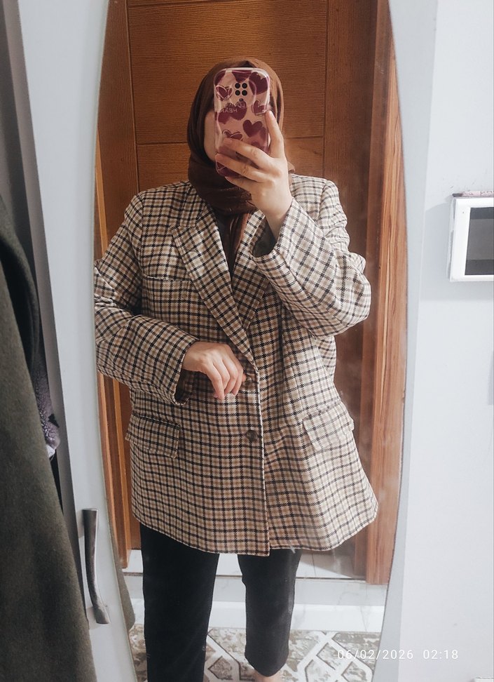 Düğmeli Ekose Desenli Kadın Blazer Ceket - Görsel 3