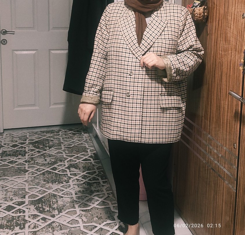 Düğmeli Ekose Desenli Kadın Blazer Ceket - Görsel 2