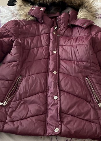 Bordo Kadın Kürklü Midi Mont