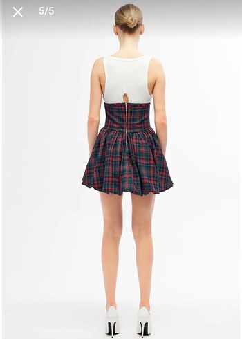 Bordo Ekose Düğmeli Strappy Büstiyer Elbise - Görsel 3