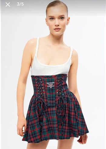 Bordo Ekose Düğmeli Strappy Büstiyer Elbise - Görsel 5