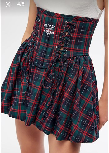 Bordo Ekose Düğmeli Strappy Büstiyer Elbise - Görsel 4