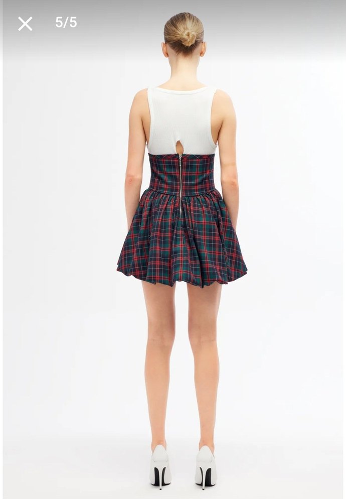 Bordo Ekose Düğmeli Strappy Büstiyer Elbise - Görsel 3