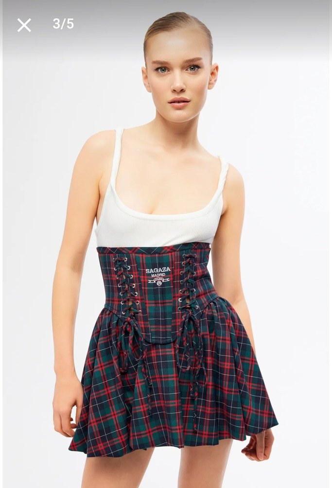 Bordo Ekose Düğmeli Strappy Büstiyer Elbise - Görsel 5