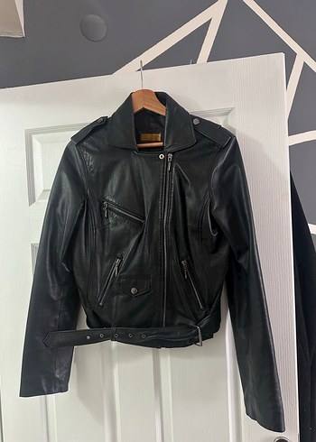 s Beden Siyah Gerçek Deri Biker Ceket