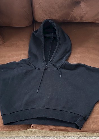 Kadın Siyah Kapüşonlu Crop Sweatshirt