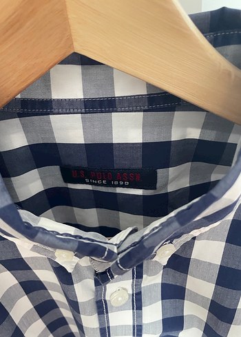 Erkek Beyaz-Lacivert Kareli Pamuk Gömlek Us polo marka M beden - Görsel 2