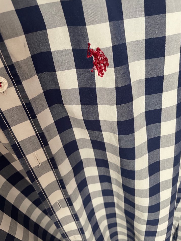 Erkek Beyaz-Lacivert Kareli Pamuk Gömlek Us polo marka M beden - Görsel 3