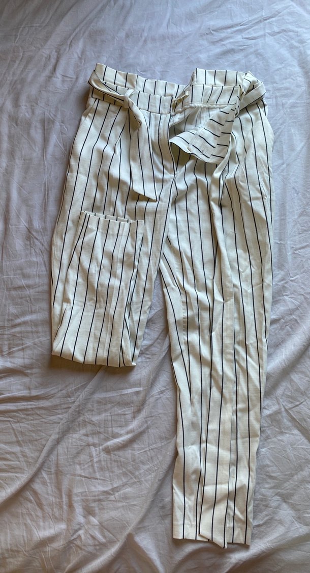 Gri Çizgili Beli Kuşaklı Kadın Kumaş Pantolon - Görsel 4