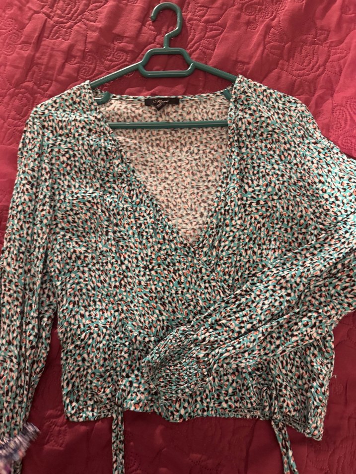 Mavi Uzun Kollu V Yaka Bağlamalı Bluz - Görsel 3