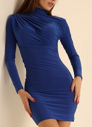 Sandy kumaş büzgülü saks mavisi elbise