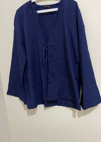 Lacivert Kadın Keten Uzun Kollu Kimono