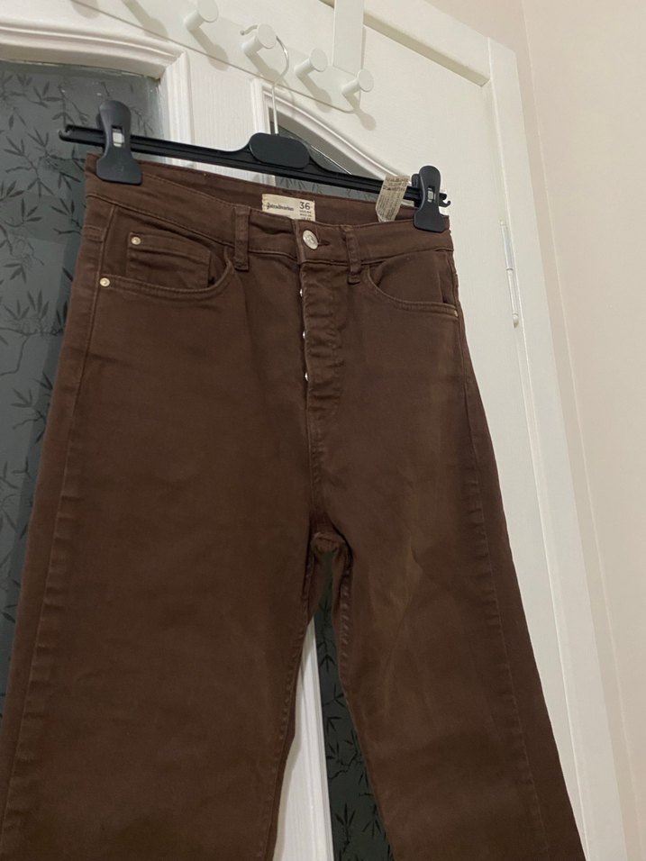 Düğmeli Kahverengi Kadın Kot Pantolon - Görsel 3