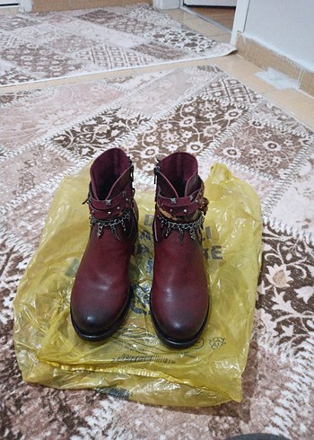 Bordo Deri Bohem Tarz Kadın Bot - Görsel 6