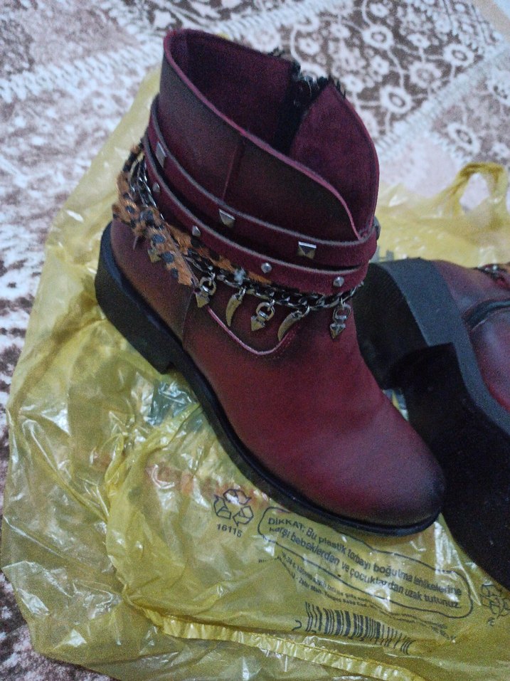 Bordo Deri Bohem Tarz Kadın Bot - Görsel 3