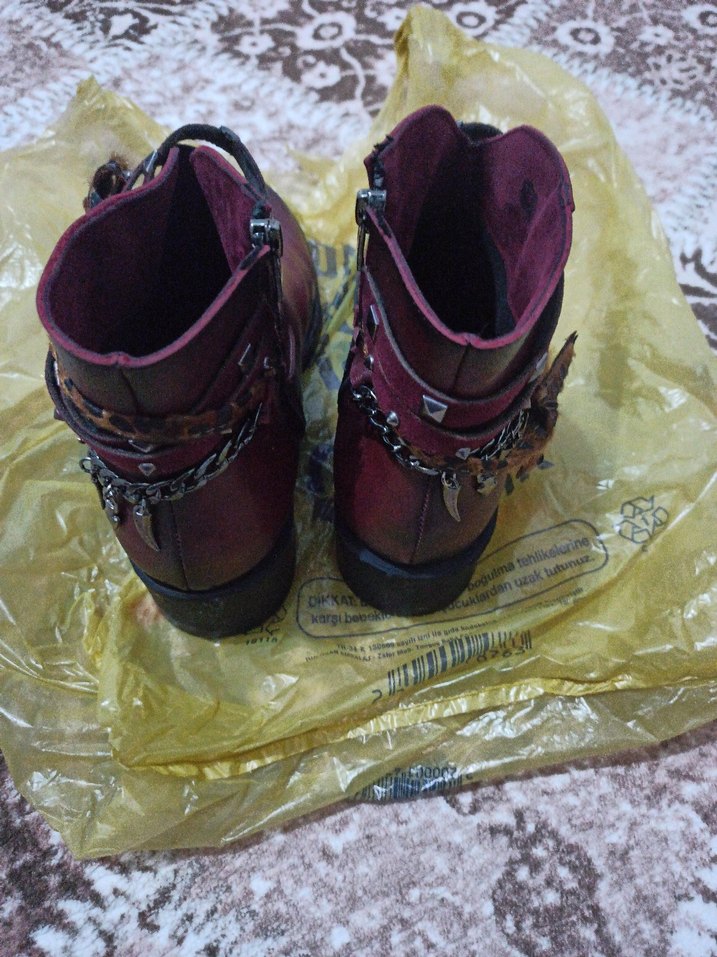 Bordo Deri Bohem Tarz Kadın Bot - Görsel 2