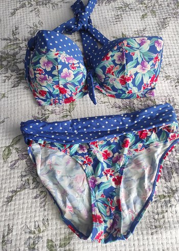 Çiçek Desenli Mavi Bohem Bikini