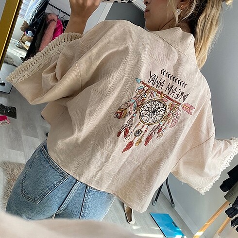 Etnik hırka kimono model keten ceket