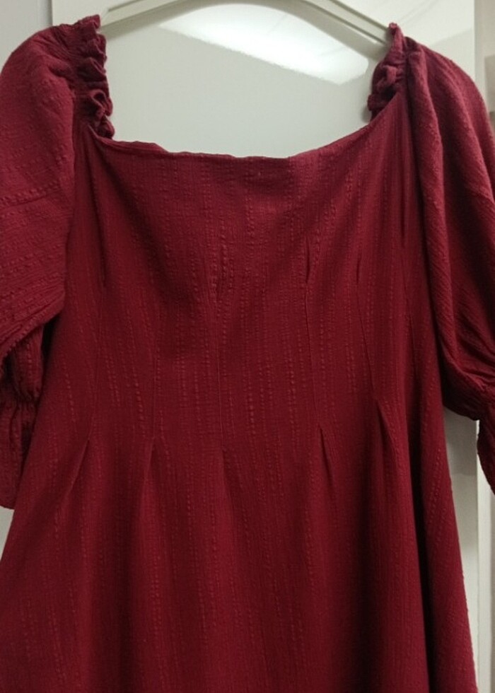 Balon kollu bordo midi boy elbise - Görsel 3